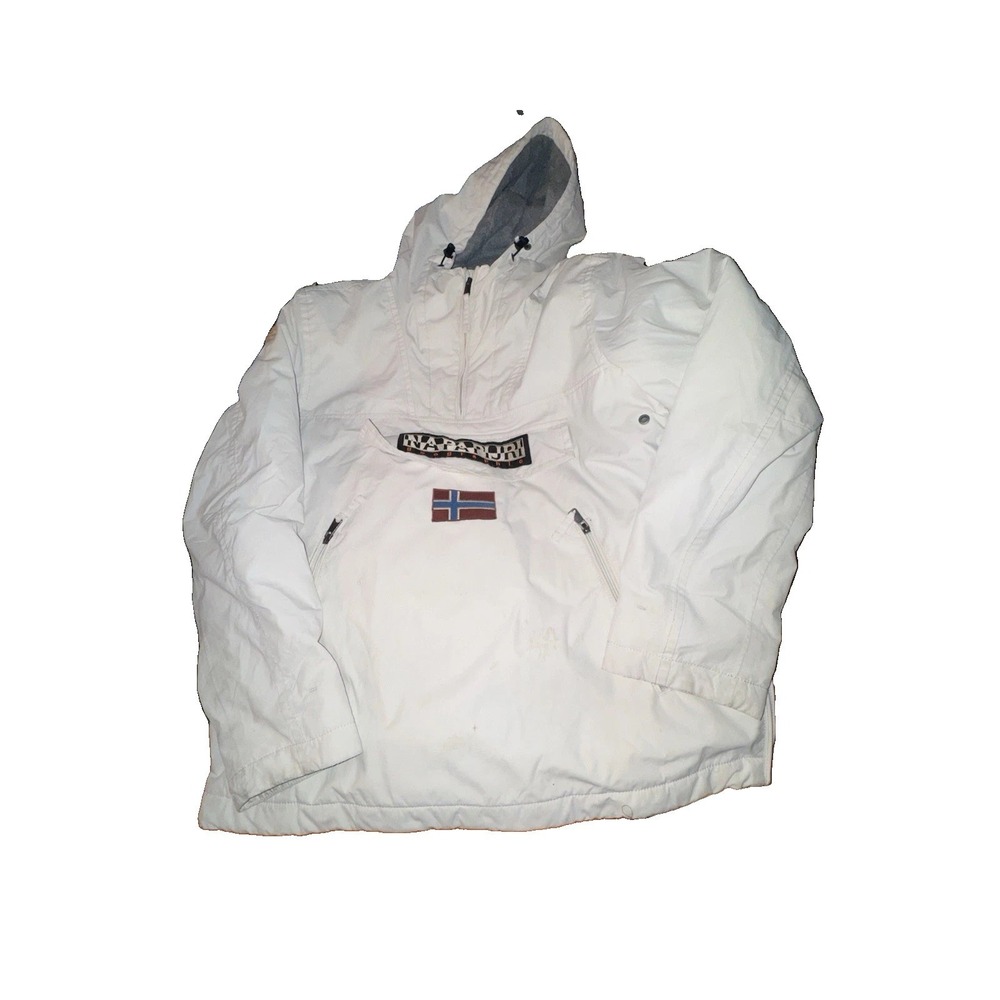 Napapijri Jacket Mens XL White Hooded Anorak Fleece Lined Flag Patch Outdoor